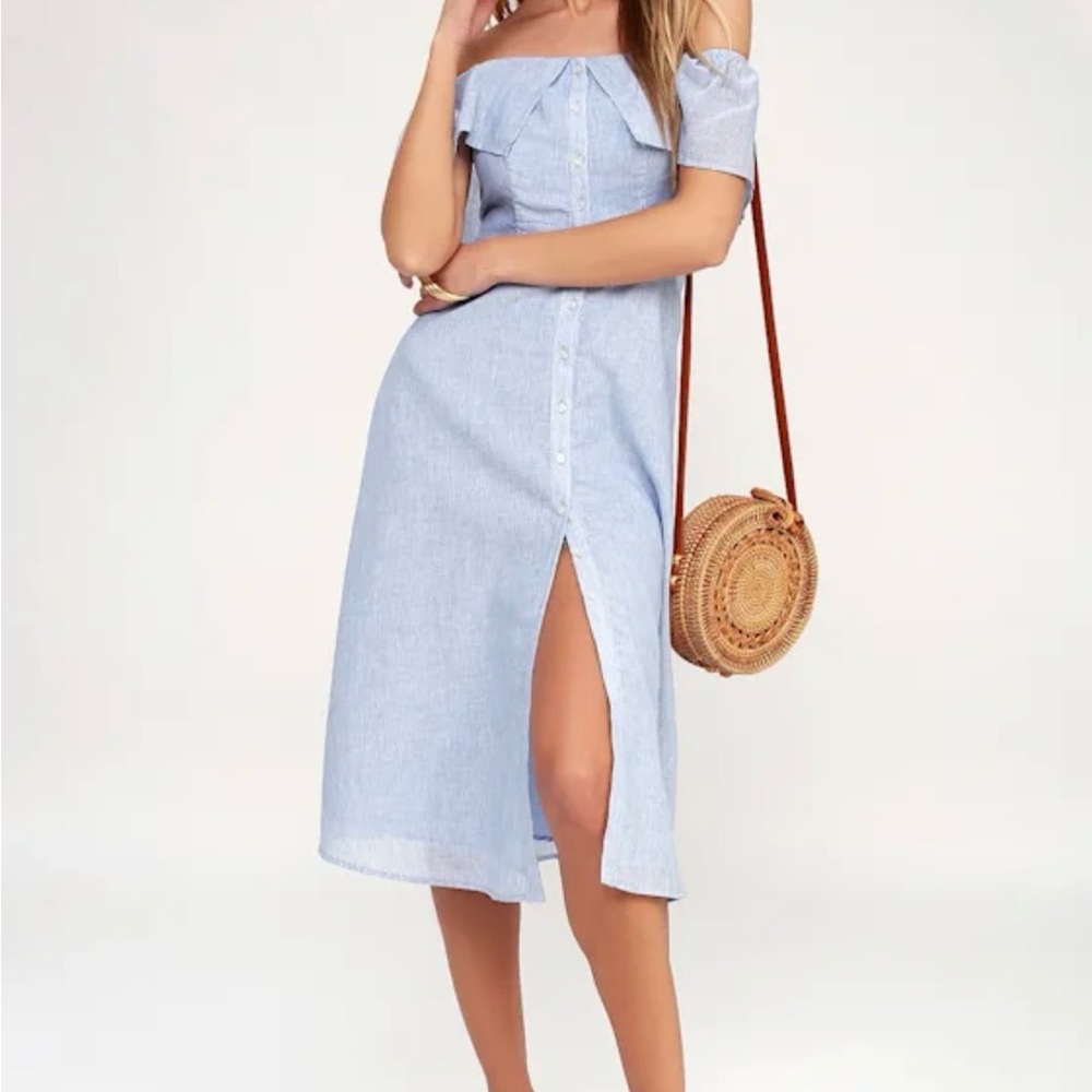 BB Dakota Jeanne blue pinstripe off-the-shoulder midi dress